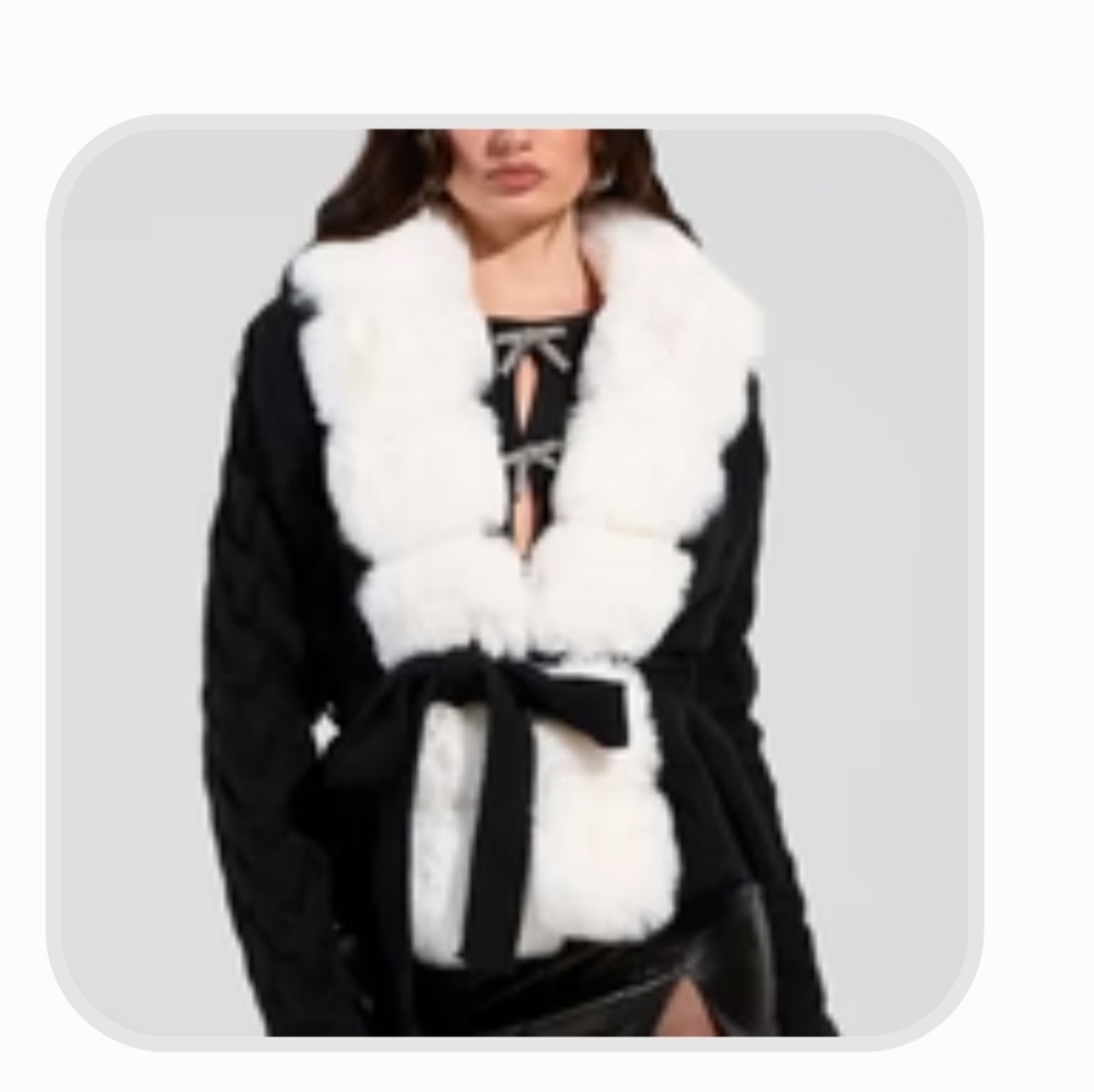BABBS KNIT FUR TRIM CARDIGAN WITH SELF TIE BELT - S/M